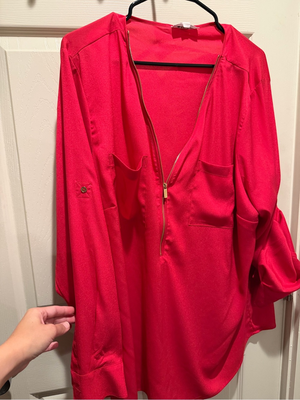 Calvin Klein Women’s Hot Pink Zip-Front Long Sleeve Blouse